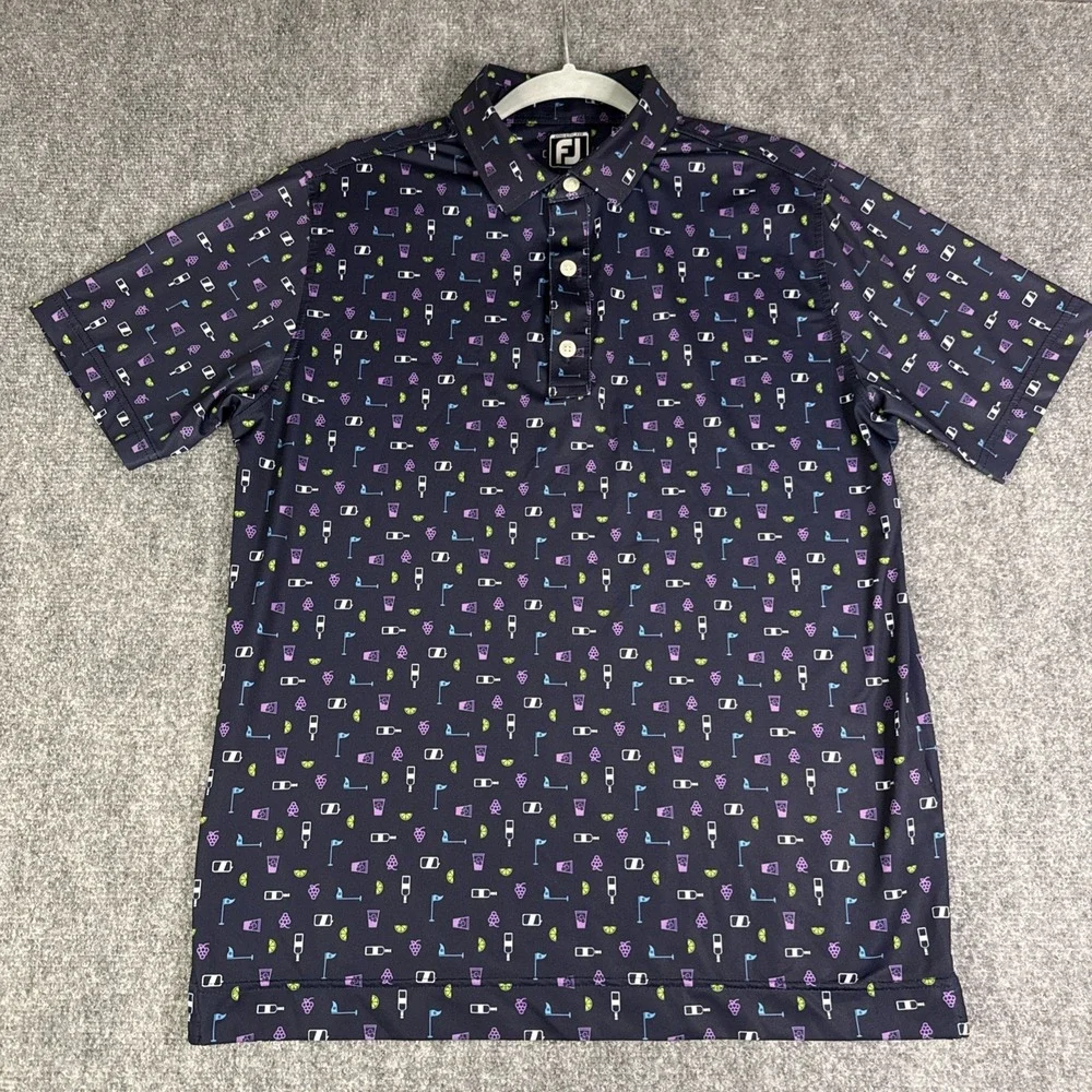 Footjoy Polo Shirt Mens M Transfusion AOP Performance Golf Cocktails Wine EUC - Picture 2 of 7